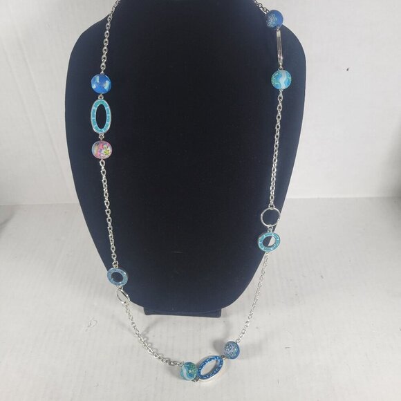 Viva Beads Retro Blue Turtle Floral Clay Beads Silver-Tone Chain 36" Necklace - Picture 1 of 6